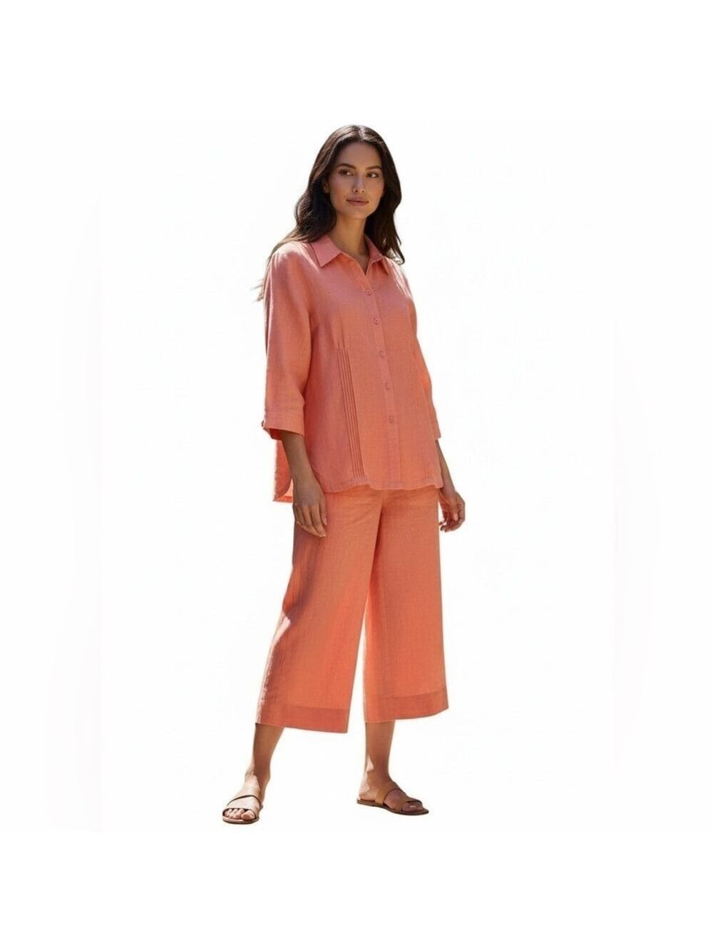 Coral Two-Piece Linen Set Women’s Size 14 Button-Down Cropped Pants 3/4 Sleeves